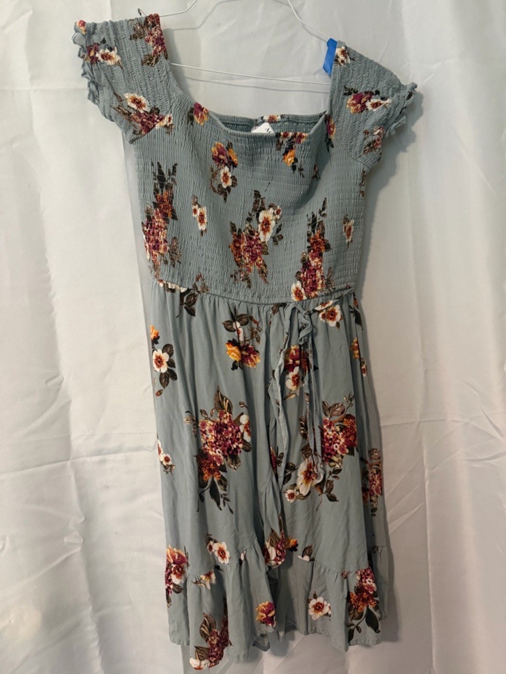 Smocked Floral Off-Shoulder Kids Dress - Sage with Burgundy Flowers